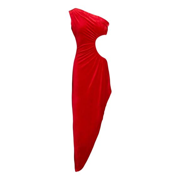$235 Norma Kamali One-Shoulder Cutout Velvet Maxi Dress Red Tango Medium NWT - Picture 9 of 9